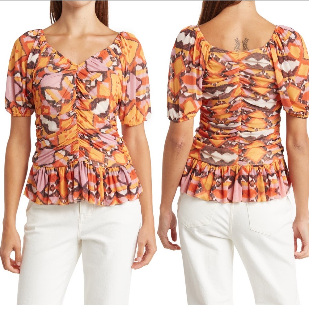DR2 by Daniel Rainn women’s Puff Sleeve Ruched Mesh Peplum Top - Picture 2 of 11